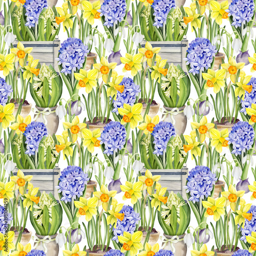 spring themed illustration, blue, white hyacinth in wooden garden box, yellow daffodils in ceramic vase, flying butterfly, seamless pattern, hand drawn watercolor, Easter picture of primroses flower