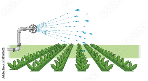 A sturdy metallic irrigation pipe with a manual control valve sprays refreshing water droplets across organized rows of young green agricultural seedlings.