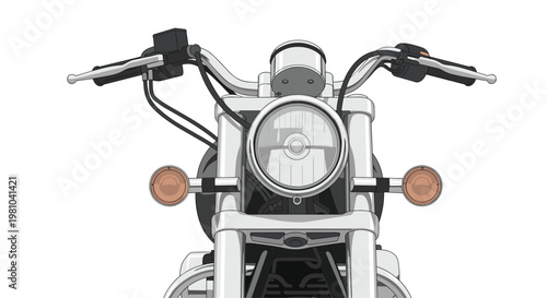 Detailed close-up view of polished chrome motorcycle handlebars and a classic round glass headlight featuring amber turn signals against a white backdrop.