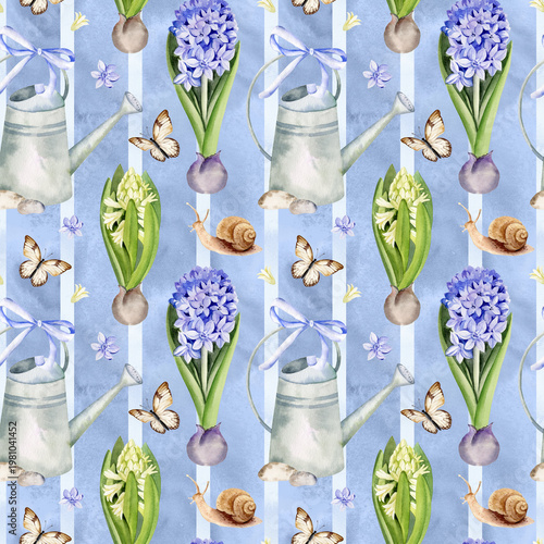 blue and green hyacinth flowers, vintage metal water can, flying butterfly, blue striped, hand drawn seamless pattern, watercolor splashes gradient, cute snail, spring, Easter illustration for party