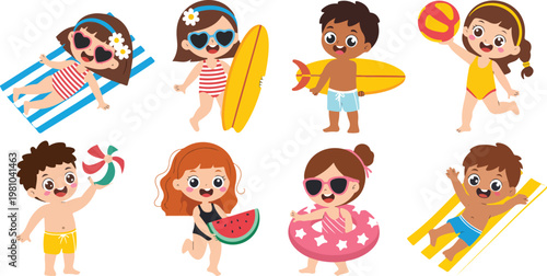 Set of cute boys and girls on beach vacation in simple children flat style, playful summer poses on white background