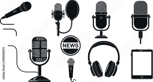 Broadcasting and News Media Icon Set with Microphones, Headphones, News Logo, and Mobile Devices for Journalism and Communication Designs