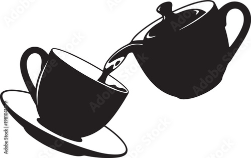 Black silhouette teapot pouring into teacup on saucer