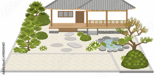 Isometric illustration of a traditional japanese garden with a small house