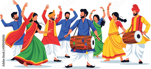 Red fashion illustration of a beautiful lady in a traditional dress dancing at a Chinese New Year festival celebration with people in costume