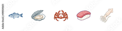 Seafood Assortment and Japanese Cuisine Delicacies with Colorful Crayony Pencil Texture and Textured Ink Wash Style