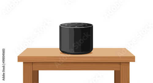 A sleek black cylindrical smart speaker featuring integrated touch controls on its top surface sits elegantly on a sturdy light brown wooden table surface.