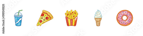 Fast Food and Takeaway Menu Items with Crayon Crayon Pencil Texture and Vintage Textured Linework