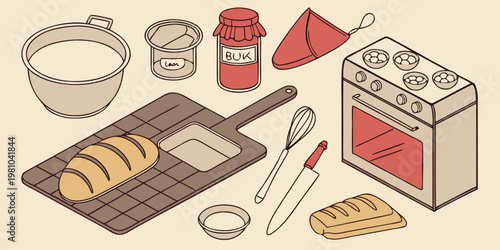 An isometric illustration depicting baking ingredients and kitchen tools