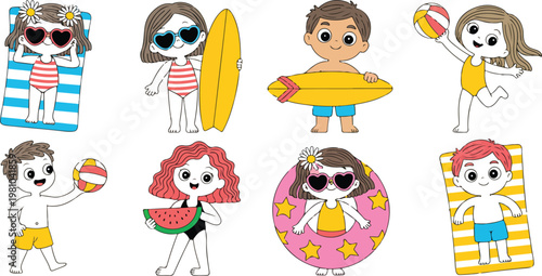 Set of cute boys and girls on beach vacation in simple children flat style, playful summer poses on white background