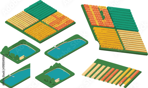 Isometric farmland fields and irrigation ponds agriculture landscape with crops patterns rural farming land parcels vector illustration isolated design