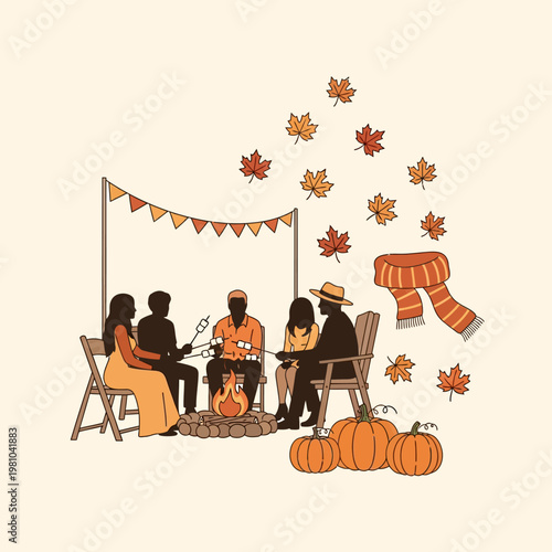 People Roasting Marshmallows at Autumn Campfire Line Art Vector.