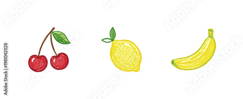 Assorted Fresh Fruits and Orchard Harvest Elements with Inky Pencil Texture and Crayon Colorful Aesthetic