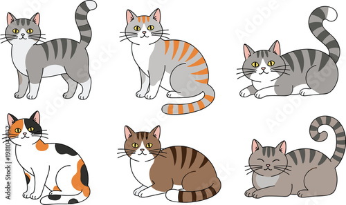 Cute Hand Drawn Cat Vector Collection Featuring Various Tabby and Calico Kittens in Standing and Sitting Poses for Nursery Decor and Pet Care Graphic Designs