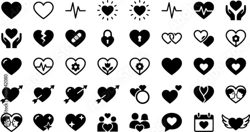 Heart Icon Set. Open heart. Line icon set of Open heart: heart outline, beating heart, heart with rays, heart in hands, broken heart mending, heart with