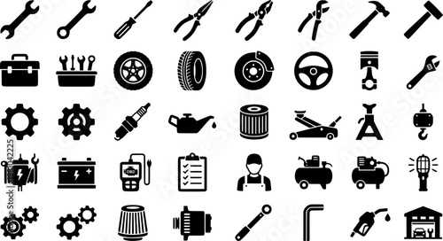 Truck Maintenance Icons. Outline icon set of truck maintenance: tire, wrench, oil can, battery, jack, spare parts, inspection checklist, mechanic. Line icons