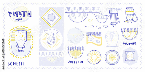 Collection of hand drawn illustrations resembling ancient artifacts and cultural symbols