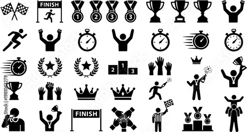 Race Victory Icons. Winning the Race. Solid icon set of Winning the Race: finish line banner, first place medal, trophy cup, checkered flag, runner sprinting,