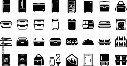 Home appliance outline icons set – essential household gadget symbols for modern kitchen and living: refrigerator, wine cooler, chest freezer, dehydrator, jar, bread box.