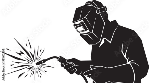Silhouette of professional welder in protective mask and gloves using torch with bright sparks flying during metal manufacturing process illustration