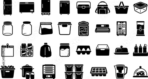 Home appliance outline icons set – essential household gadget symbols for modern kitchen and living: refrigerator, wine cooler, chest freezer, dehydrator, jar, bread box.