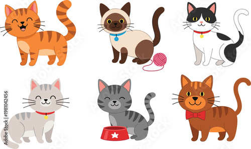 Cute Kawaii Cat Vector Set Featuring Siamese Tabby and Tuxedo Kittens with Collars Yarn and Food Bowl for Childrens Nursery and Creative Projects