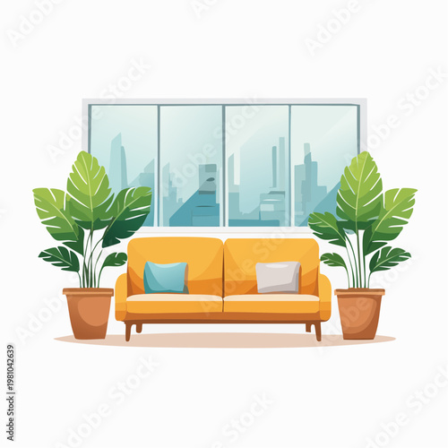 Modern living room with sofa and large potted plants overlooking city skyline