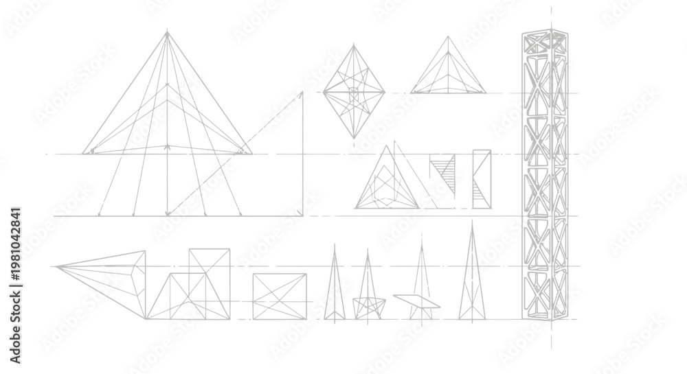 Fototapeta premium Architectural blueprint sketches, geometric line art drawings of building structures, technical engineering vector set for construction design