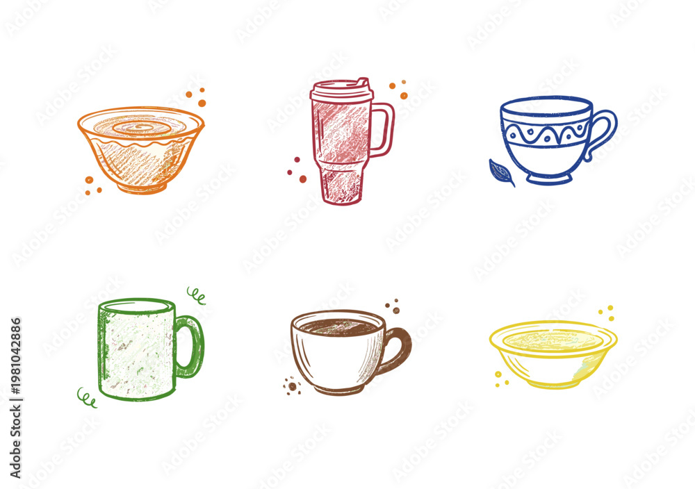 Fototapeta premium Drinking Cups and Kitchenware Vessels in Colorful Crayony Style with Fluid Brush Strokes and Organic Linework
