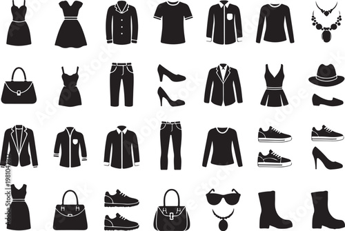 Black silhouettes of clothing and accessories on white
