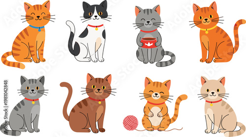 Adorable Kawaii Cat Vector Set Featuring Cute Colorful Kittens with Collars Bells Yarn Ball and Food Bowl for Childrens Nursery and Creative Designs