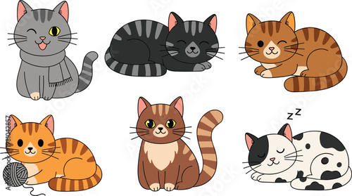 Adorable Kawaii Cat and Kitten Vector Character Set Featuring Cute Tabby, Calico, and Grey Cats Sleeping, Playing, and Winking for Nursery and Stationery