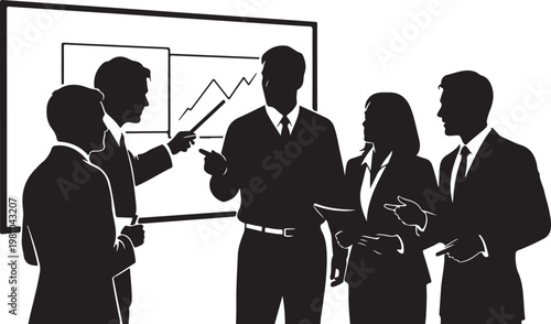 Business people in black silhouette discussing graph on whiteboard