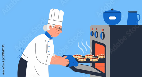 Senior female baker taking fresh tray of pies out of the oven