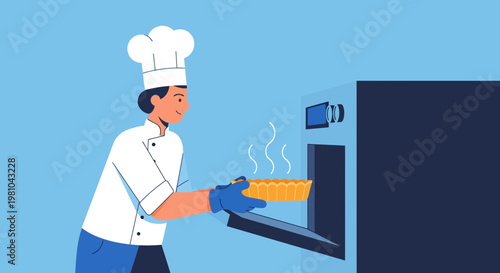 Professional Chef Taking Fresh Hot Tart Out Of The Oven