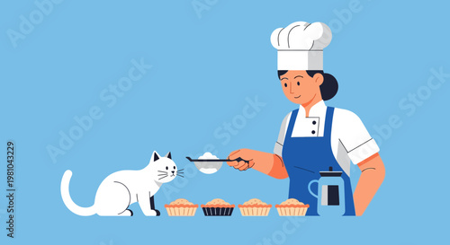 Female pastry chef baking cupcakes with a white cat observer