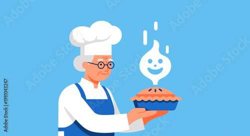 Cheerful elderly baker holding a freshly baked steaming pie