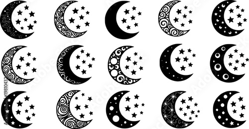 Crescent moon icon collection features varied crescent designs with stars, decorative patterns in black. Perfect moon vector set for celestial themes, spiritual designs, or astronomical projects