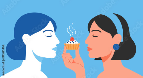Two women smelling a fresh cupcake with strawberry flat vector