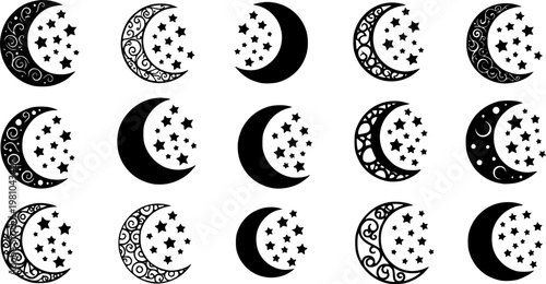 Crescent moon icon collection features varied crescent designs with stars, decorative patterns in black. Perfect moon vector set for celestial themes, spiritual designs, or astronomical projects