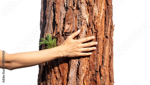 A person's hand touches the textured bark of a tall tree trunk, with small green leaves sprouting nearby. Isolated on white