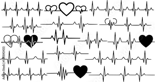 Red heartbeat line collection with heart symbol, cardiology, medical pulse, ECG, EKG design, healthcare clipart vector illustration, health monitoring, digital heartbeat graphics