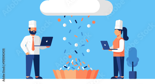 Chefs using laptops with sprinkles raining from cloud onto cake