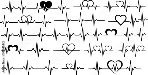 Red heartbeat line collection with heart symbol, cardiology, medical pulse, ECG, EKG design, healthcare clipart vector illustration, health monitoring, digital heartbeat graphics