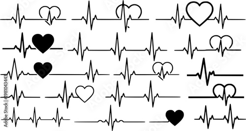 Red heartbeat line collection with heart symbol, cardiology, medical pulse, ECG, EKG design, healthcare clipart vector illustration, health monitoring, digital heartbeat graphics