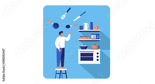 Surreal Flat Vector of Man Reaching for Floating Kitchen Utensils