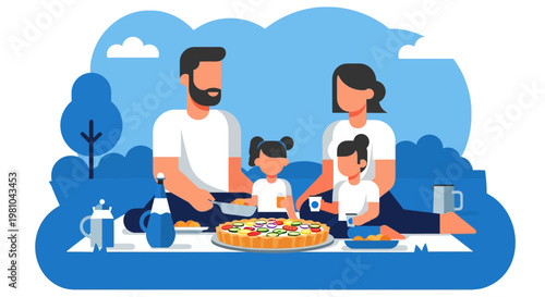 Happy Family Enjoying a Savory Tart Picnic Outdoors