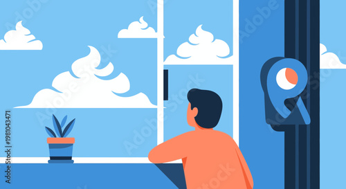 Person gazing at fluffy whipped cream clouds through a window