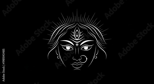 A white line art illustration of a female face with a bindi and jewelry on a black background