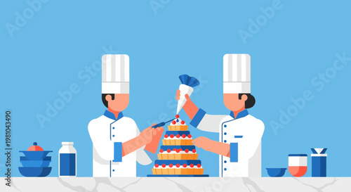 Two Professional Chefs Decorating a Large Tiered Tart Together
